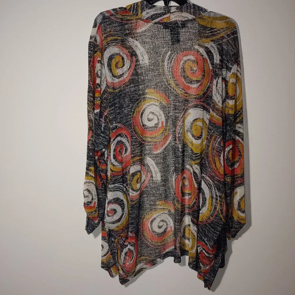 Ali Miles Abstract Print Semi Sheer Mesh Long Roll Tab Sleeves Cardigan Size 3X